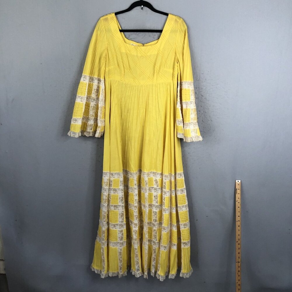 Vintage 1970s Boho Hippy Mexican Wedding Dress Tachi Castillo 14 Yellow Maxi - Picture 1 of 16